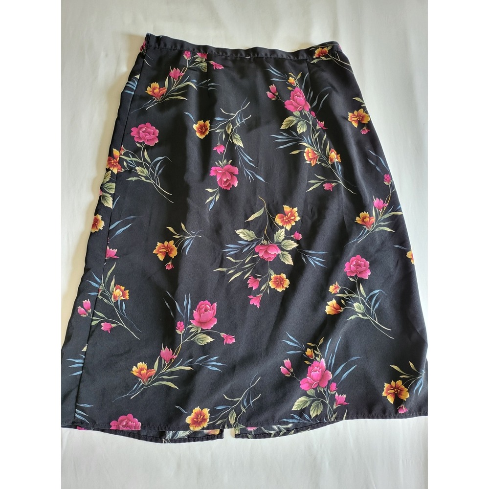 Jaclyn Smith Plus Floral Midi Skirt Black Pink Orange Elastic Waist Slit 1X